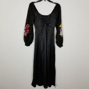 Topshop Women Satin‎ Lace Midi Dress Size 2 Long Floral Patch sleeve Event Black